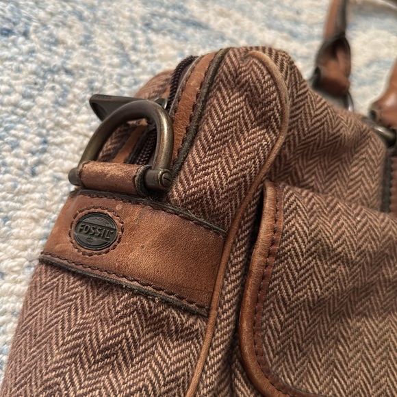 Fossil leather and wool 90s herringbone business attache overnight vintage bag - Picture 9 of 9